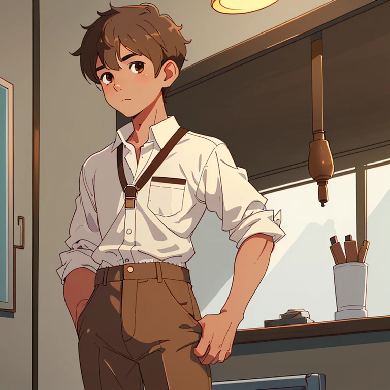 1 boy, short brown hair, brown eyes, wearing a white button-down shirt, and light brown pants