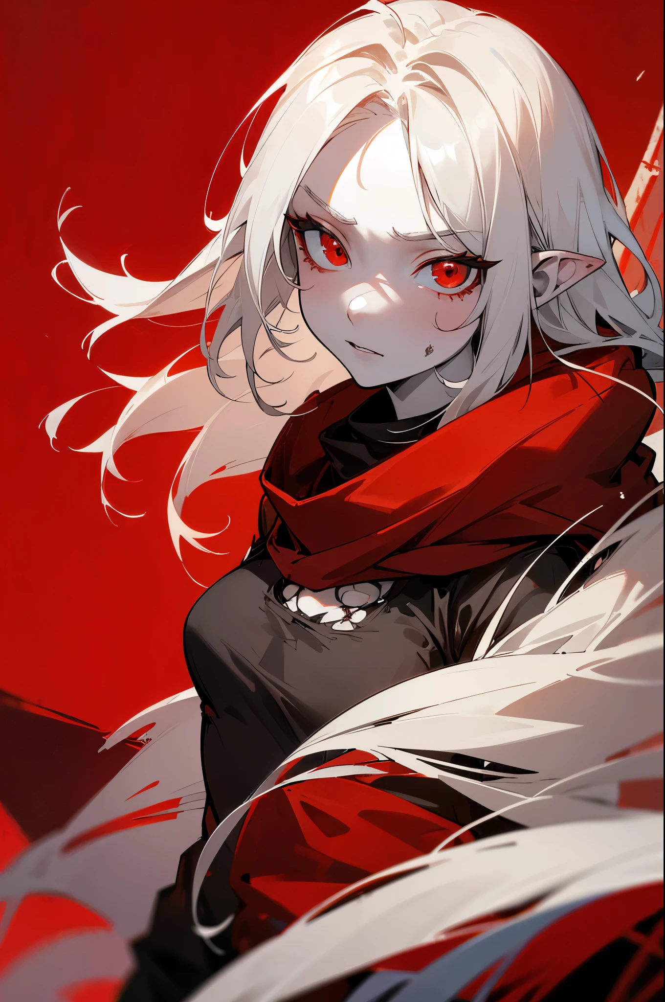 Character design sheet, same character, front, side, back), Masterpiece, best quality, 8k, dramatic lighting, 1girl, (((colorless skin, white skin))), white hair, solo, (long hair, straight hair), expressive eyes, intense expression, crazy eyes, red eyes, snake eyes, pointed ears, red eyeliner, looking at viewer, black leather vest, red hair streaks, dark background, upper body, small breasts, albino,(mature female, eye wrinkles), ((ragged clothes, long sleeve , torn clothes, dark gray clothes, red wool scarf, fur lined hood, wearing rags, red cloak)), ((dirty clothes))