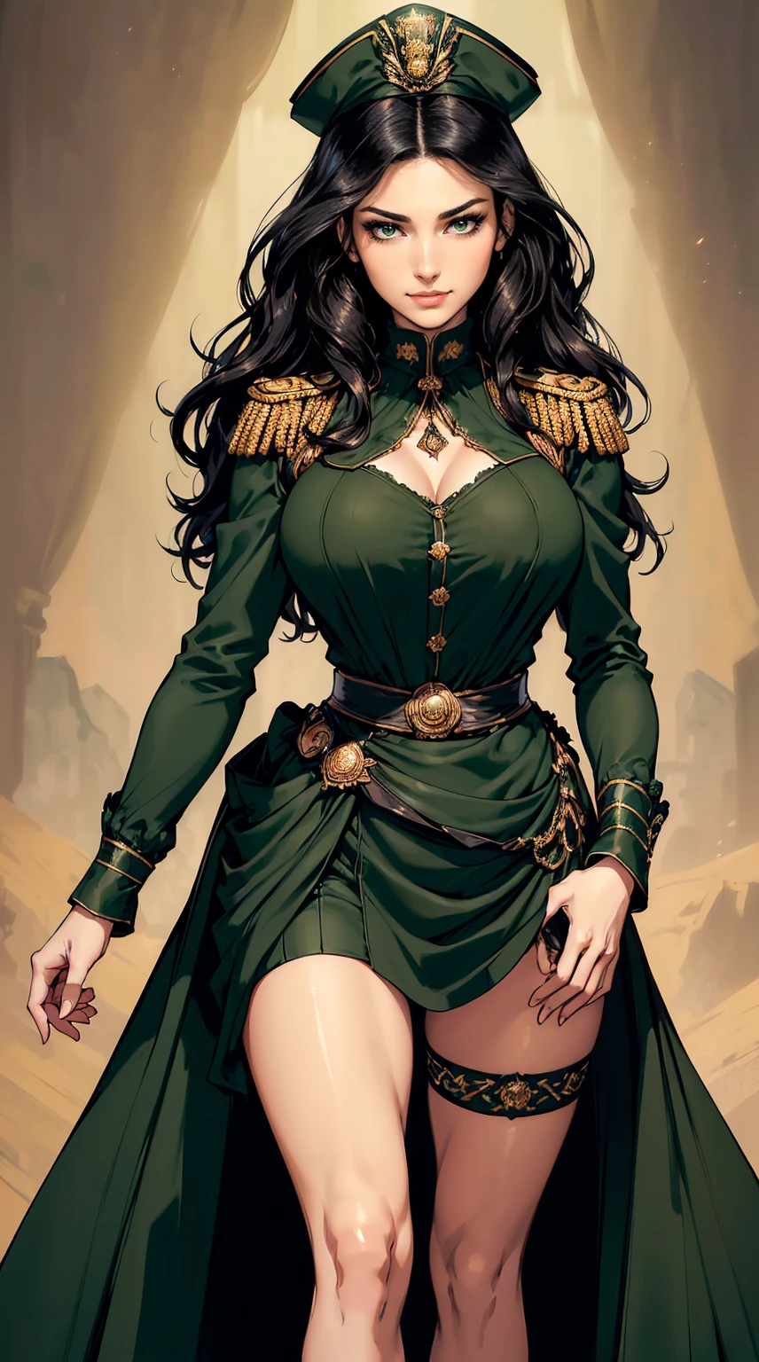 ((masterpiece, Best quality, a high resolution, ultra detailed),(beautiful and aesthetically pleasing:1.2), 1 woman, (wavy black hair), (green eyes), Beautiful face, (slight smile), detailed eyes and face, perfect body, full body, soaring empire-cut ballgown with a tailored cavalry jacket folded into the bust, accented by a sash of military ribbons and a commanding officer's cap