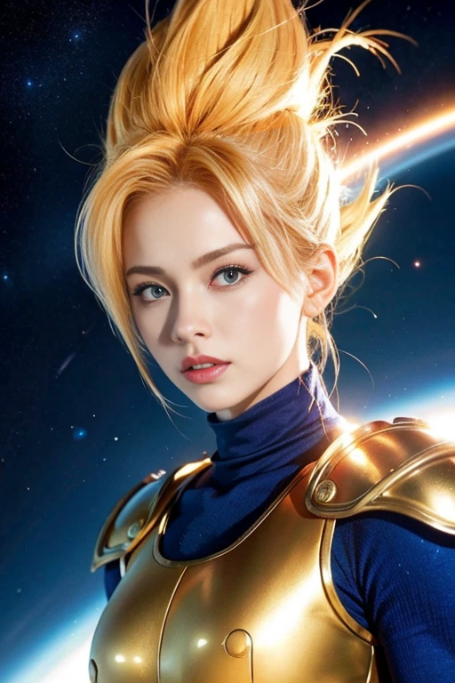 une femme de ans, dragon ball, warrior, cheveux blonds, super saiyan, sexy, aura of energy, dans l'espace