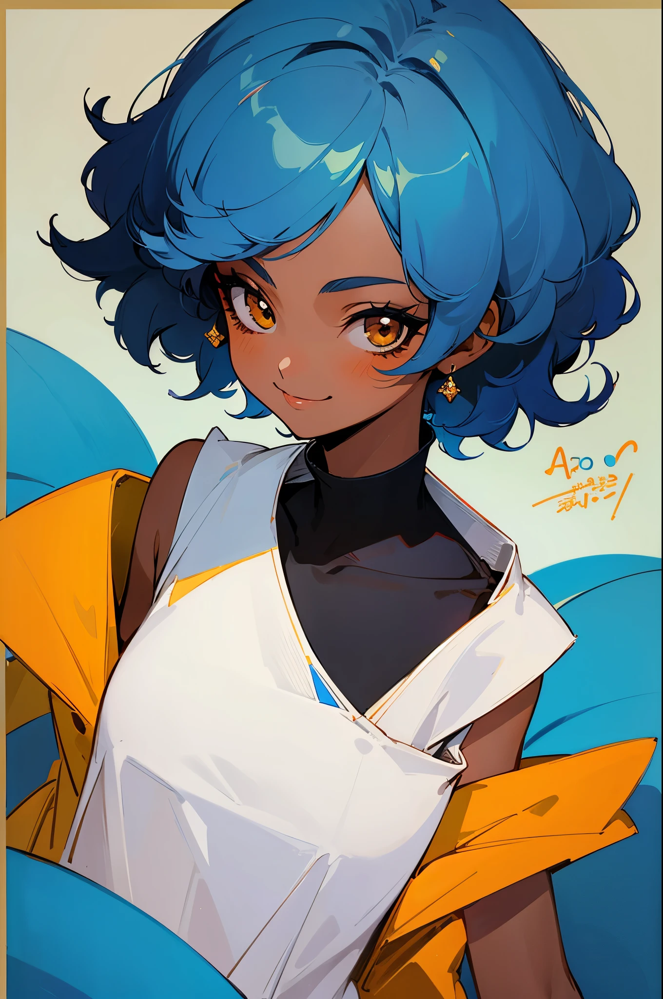 (best quality:1.1),original,1girl,chic,trendy,short afro hair, dark skin, looking down, makeup, 1970's, blue hair, brown eyes, anime style, niji, looking at the viewer smiling
