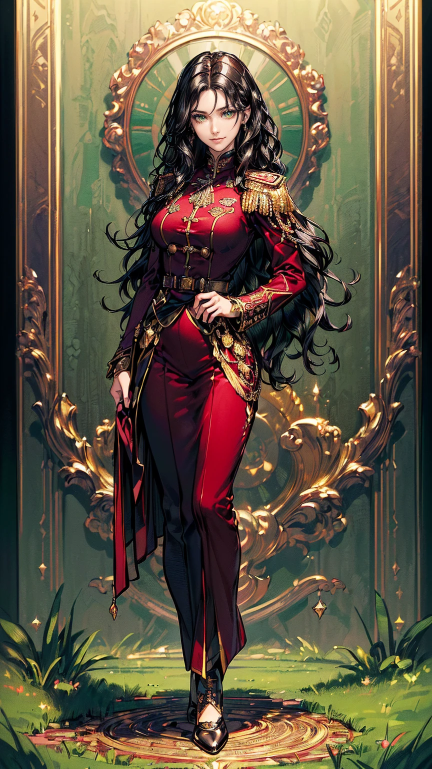  (((masterpiece, Best quality, a high resolution, ultra detailed),(beautiful and aesthetically pleasing:1.2), 1 woman, (wavy black hair), (green eyes), Beautiful face, (slight smile), detailed eyes and face, perfect body, full body, rich maroon velvet empire-cut frock with a tailored military blazer, embellished with golden epaulets and a neat row of brass Regimental buttons