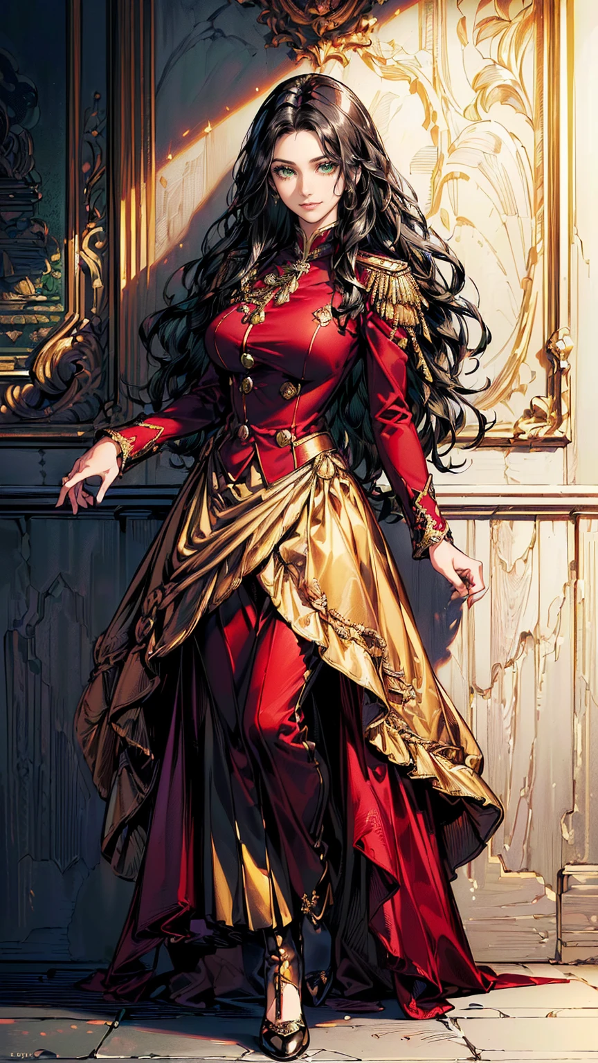  (((masterpiece, Best quality, a high resolution, ultra detailed),(beautiful and aesthetically pleasing:1.2), 1 woman, (wavy black hair), (green eyes), Beautiful face, (slight smile), detailed eyes and face, perfect body, full body, rich maroon velvet empire-cut frock with a tailored military blazer, embellished with golden epaulets and a neat row of brass Regimental buttons