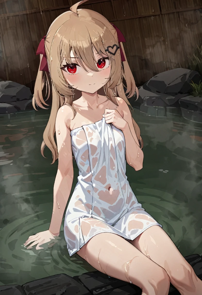 1girl, evil neuro-sama, red eyes, light brown hair, ahoge, two side up, hair ribbon, dark red ribbon, heart hair ornament, (masterpiece, best quality), highly detailed, finely detailed, naked towel, wet, steam, outside, onsen, navel, wet towel, see-through, sitting, looking at viewer,