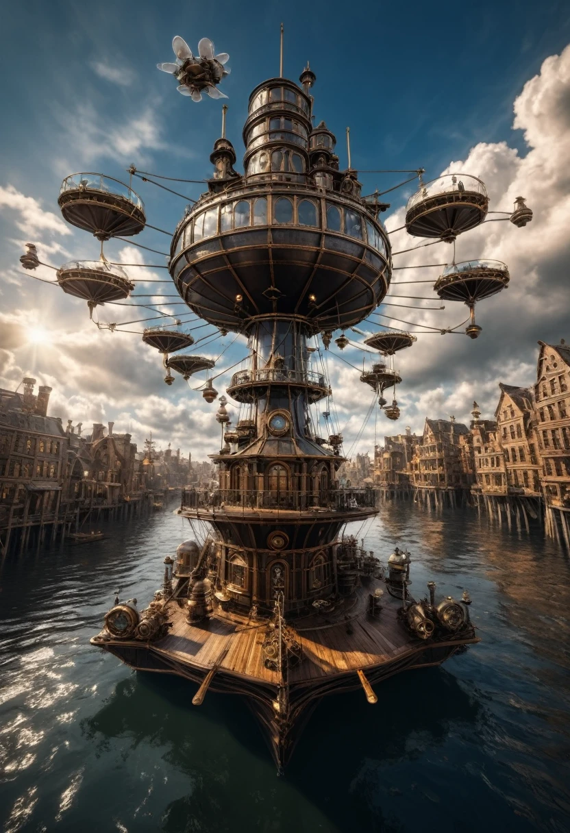 (best quality,4k,8k,highres,masterpiece:1.2),ultra-detailed,(realistic,photorealistic,photo-realistic:1.37),floating, Intricate Steampunk city floating on a cloud,abundant steampunk windmills and propellers,da vinci style wings, dramatic sky and dramatic lighting,artistic view