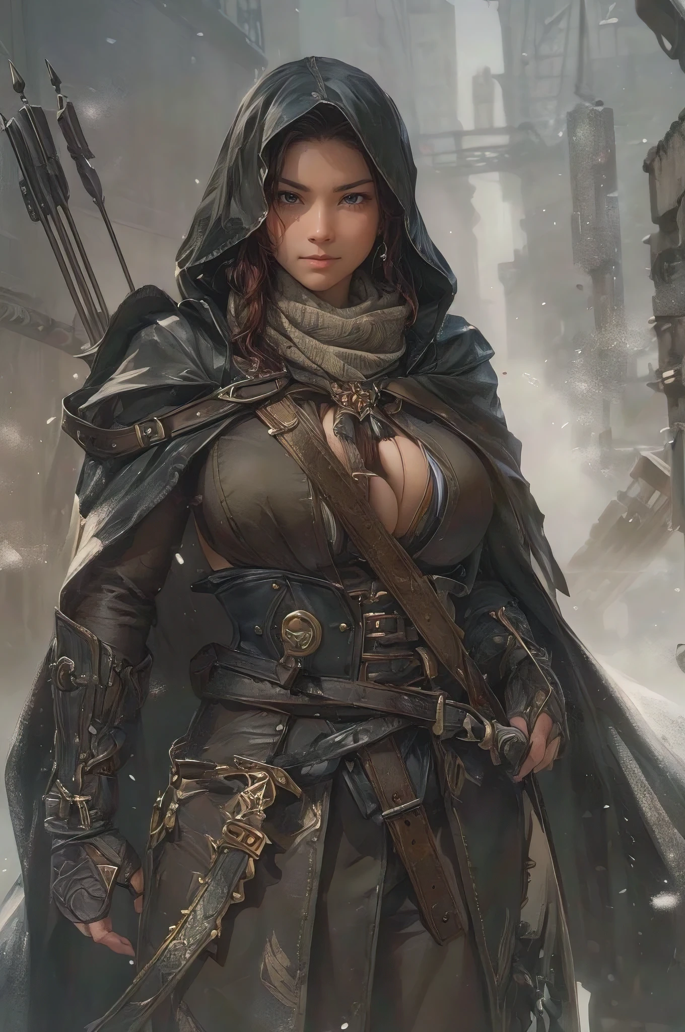 (best quality,4k,8k,highres,masterpiece:1.2),ultra-detailed,(realistic,photorealistic,photo-realistic:1.37), illustration by artgerm and gerald brom, attractive female rogue, perfect body, huge breasts, hyperfeminine curves, cute and playful pose, vibrant, emotive expressions