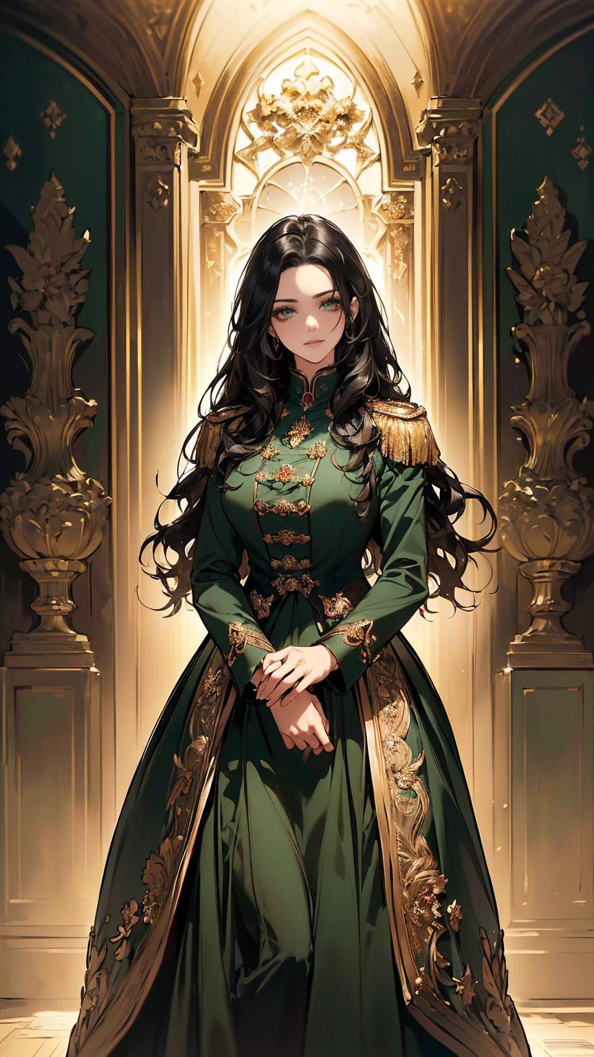 ((masterpiece, Best quality, a high resolution, ultra detailed),(beautiful and aesthetically pleasing:1.2), 1 woman, (wavy black hair), (green eyes), Beautiful face, (slight smile:0.8), detailed eyes and face, perfect body, full body, empire silhouette ballgown in deep forest green with golden piping, paired with a vintage military cropped jacket adorned with grandeur medals