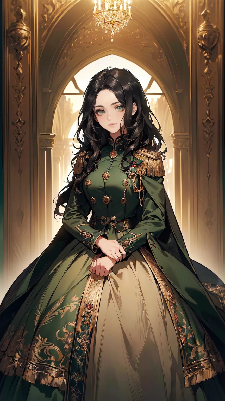  ((masterpiece, Best quality, a high resolution, ultra detailed),(beautiful and aesthetically pleasing:1.2), 1 woman, (wavy black hair), (green eyes), Beautiful face, (slight smile:0.8), detailed eyes and face, perfect body, full body, empire silhouette ballgown in deep forest green with golden piping, paired with a vintage military cropped jacket adorned with grandeur medals