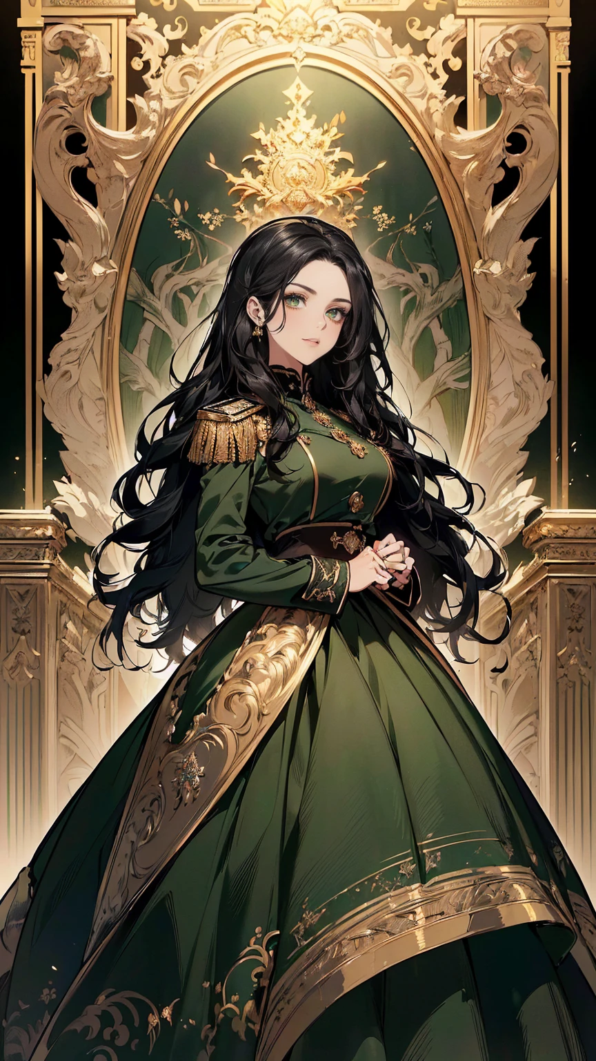  ((masterpiece, Best quality, a high resolution, ultra detailed),(beautiful and aesthetically pleasing:1.2), 1 woman, (wavy black hair), (green eyes), Beautiful face, (slight smile:0.8), detailed eyes and face, perfect body, full body, empire silhouette ballgown in deep forest green with golden piping, paired with a vintage military cropped jacket adorned with grandeur medals
