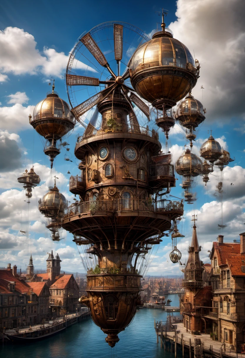 (best quality,4k,8k,highres,masterpiece:1.2),ultra-detailed,(realistic,photorealistic,photo-realistic:1.37),floating, Intricate Steampunk city floating on a cloud,abundant steampunk windmills and propellers,da vinci style wings, dramatic sky and dramatic lighting,artistic view