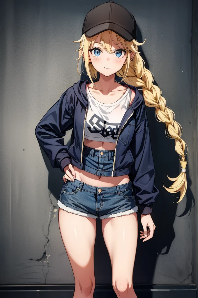 (((grayscale)))(masterpiece:1.2, best quality), (graffiti wall:1.15), 1lady, beanie, jacket, Leggings, blue eyes, fullbody,a female that is naked and holding baseball bat by the back of her head, 1girl, solo, navel, long hair, denim, pants, hat, blue eyes, blonde hair, braid, baseball cap, crop top, long sleeves, hand on headwear, stomach, jacket, looking at viewer, breasts, jeans, black headwear, midriff, zipper pull tab, blue jacket, cowboy shot, zipper, twin braids, holding bag, cropped jacket