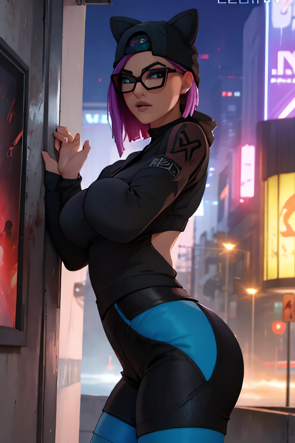 Traje de lino Cyberpunk, Noche, pulsera de picos,gorro de invierno , shorts ????? con leggins Azul Marino, chaqueta azul marino ,Extremadamente detallado, rostro detallado, gafas ,hermoso rostro, ojos finos, mirando al espectador, pose femenino.