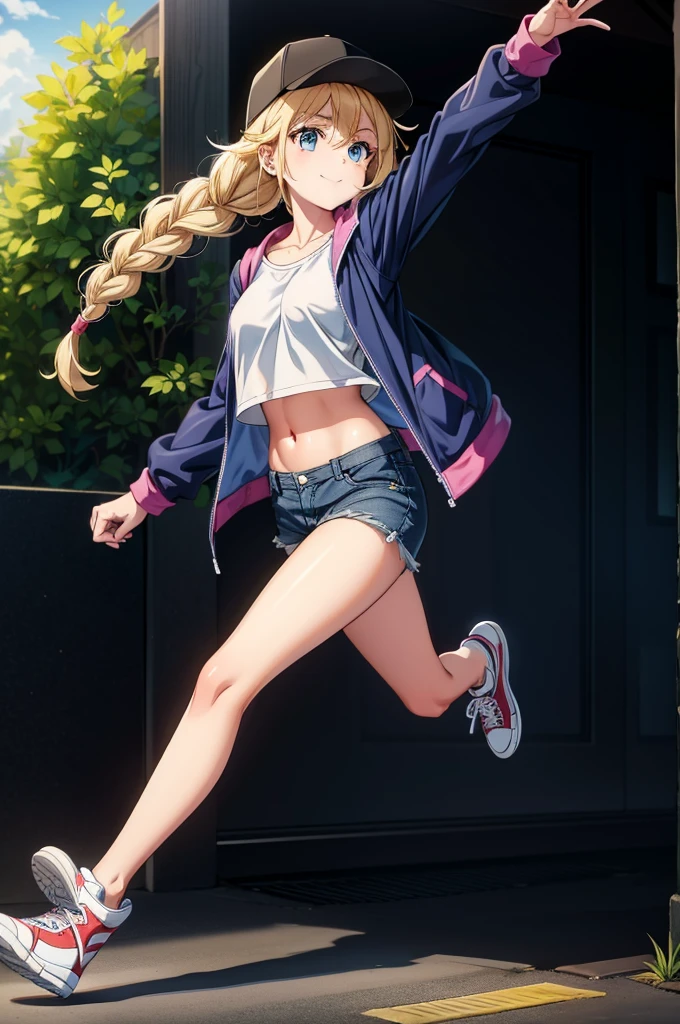 a pretty young girl wearing a black baseball cap and baseball shirt walking down the road, 1girl, solo, shorts, braid, twin braids, denim shorts, breasts, pantyhose, hat, denim, long hair, blonde hair, navel, shoes, midriff, blue eyes, sneakers, short shorts, jacket, shirt, black headwear, baseball cap, smile, crop top, looking at viewer, blue shorts, white shirt, collarbone, open jacket, full body, cutoffs, open clothes, long sleeves, black pantyhose