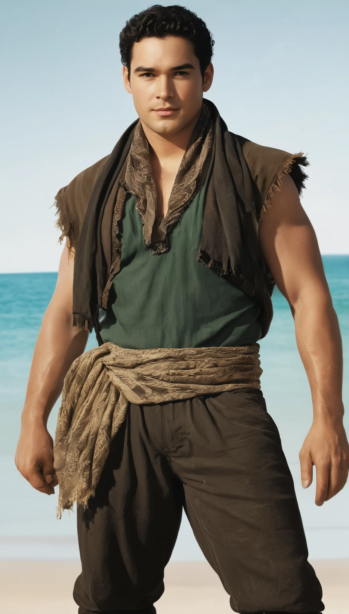 An illustrated movie poster, hand-drawn, full color, a male fisherman, 24 years-old, resembles Dean Cain, wearing buccaneer breeches and a shemagh scarf, fair skin, stocky physique, deep brown eyes, wide bulbous nose, black hair, curly quiff, thick bushy eyebrows, extremely hairy chest, stomach, and arms, lots of body hair, posing on a tropical beach, hard shadows, graphite shading, stencil markings, airbrushed acrylic paint, masterpiece, in the style of Lord of the Rings