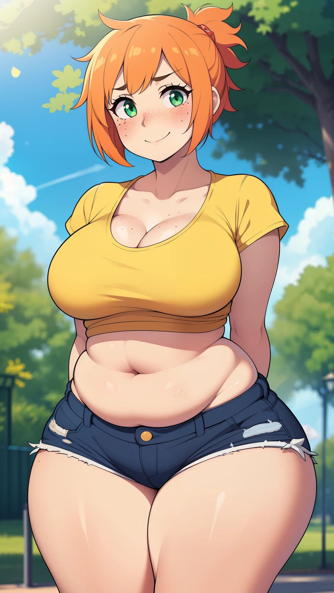 ((highres)), Masterpiece, high quality, best quality, beautiful, perfect lighting, detailed face, ultra cute face, ((1girl)), ((solo), short fluffy orange hair, green eyes, freckles, ((blush)), sweet smile, looking at viewer, arms behind back, standing in a park, (park), daytime, crop top, shorts, (((thick thighs))), ((wide hips)), cleavage, (medium breasts), (chubby), 20 year old female, 