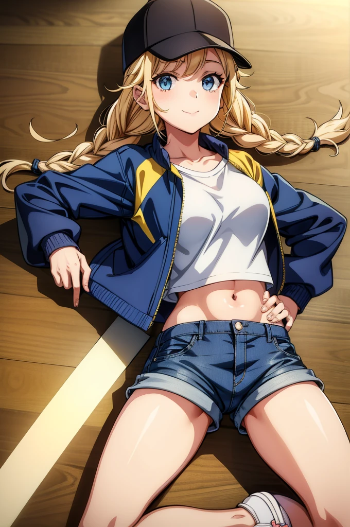 a woman in a cap, shorts and high heels lying on her stomach, 1girl, solo, hat, crop top, shorts, twin braids, blonde hair, blue eyes, navel, shoes, braid, midriff, sneakers, denim shorts, jacket, denim, crop top overhang, long hair, shirt, smile, short shorts, baseball cap, white shirt, thighs, breasts, collarbone, black jacket