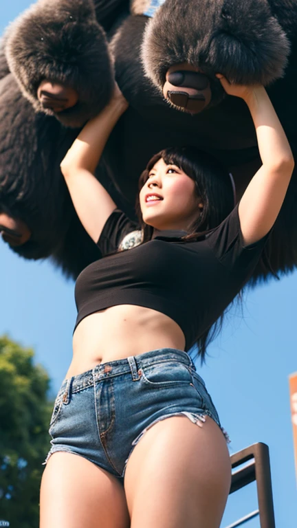 Full body girl lifting up a heavy giant gorilla overhead