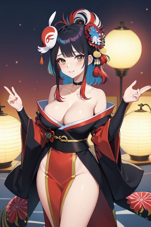 Une femme, 25 ans, mangas, cheveux longs, cheveux multicolores, aux seins nus, details, kimono multicolore, Masque Kabuki