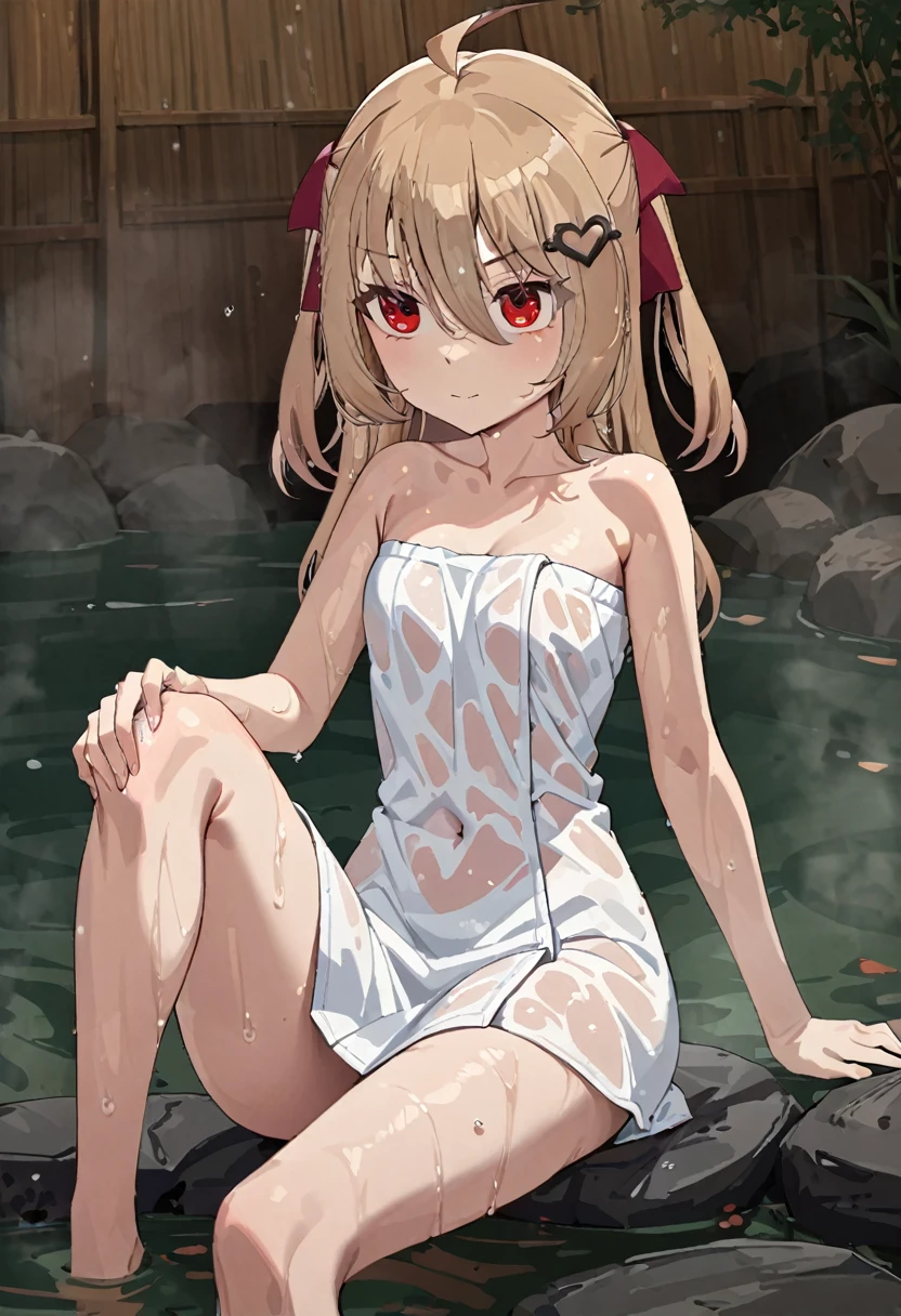 1girl, evil neuro-sama, red eyes, light brown hair, ahoge, two side up, hair ribbon, dark red ribbon, heart hair ornament, (masterpiece, best quality), highly detailed, finely detailed, naked towel, wet, steam, outside, onsen, navel, wet towel, see-through, sitting, looking at viewer, knee up,