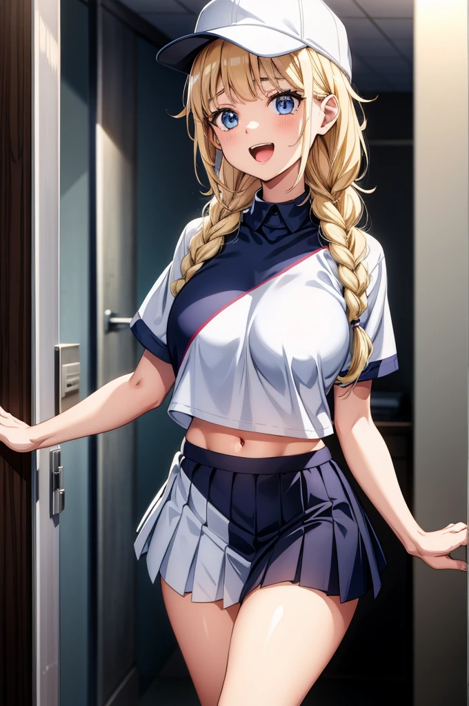 (((medium breasts))), ((best quality)), ((masterpiece)), (detailed), (((perfect face))), (((slender ))), (((topless))), (((dark blue pleated skirt from waist to thighs))), ((blonde hair)), (((high ponytail))), ((shy:1.3)), ((blushing:1.5)), ((skinny hips)), (((bare arms))), (((bare shoulders))), (((bare stomach))), (((room with filing cabinet))), ((((girl looking away)))), (((skinny thighs))), (((knees)))