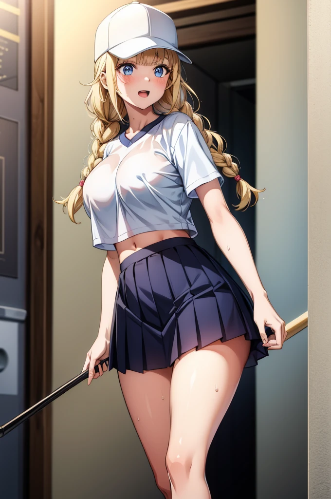 woman in volleyball shorts and top, walking on white floor and toward a door, 1girl, braid, breasts, navel, skirt, blue eyes, solo, hat, blonde hair, long hair, baseball cap, open mouth, shirt, short sleeves, sweat, white shirt, pleated skirt, smile, large breasts, midriff, miniskirt, bangs, black skirt