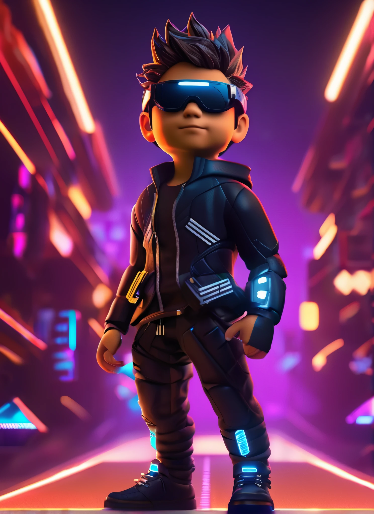 Gamer boy with futuristic glasses, cabelo curto preto, traje preto com luzes roxas, Estilo TronFashion 8k uhd, dark lighting, ar de suspense, hiperdetalhado.