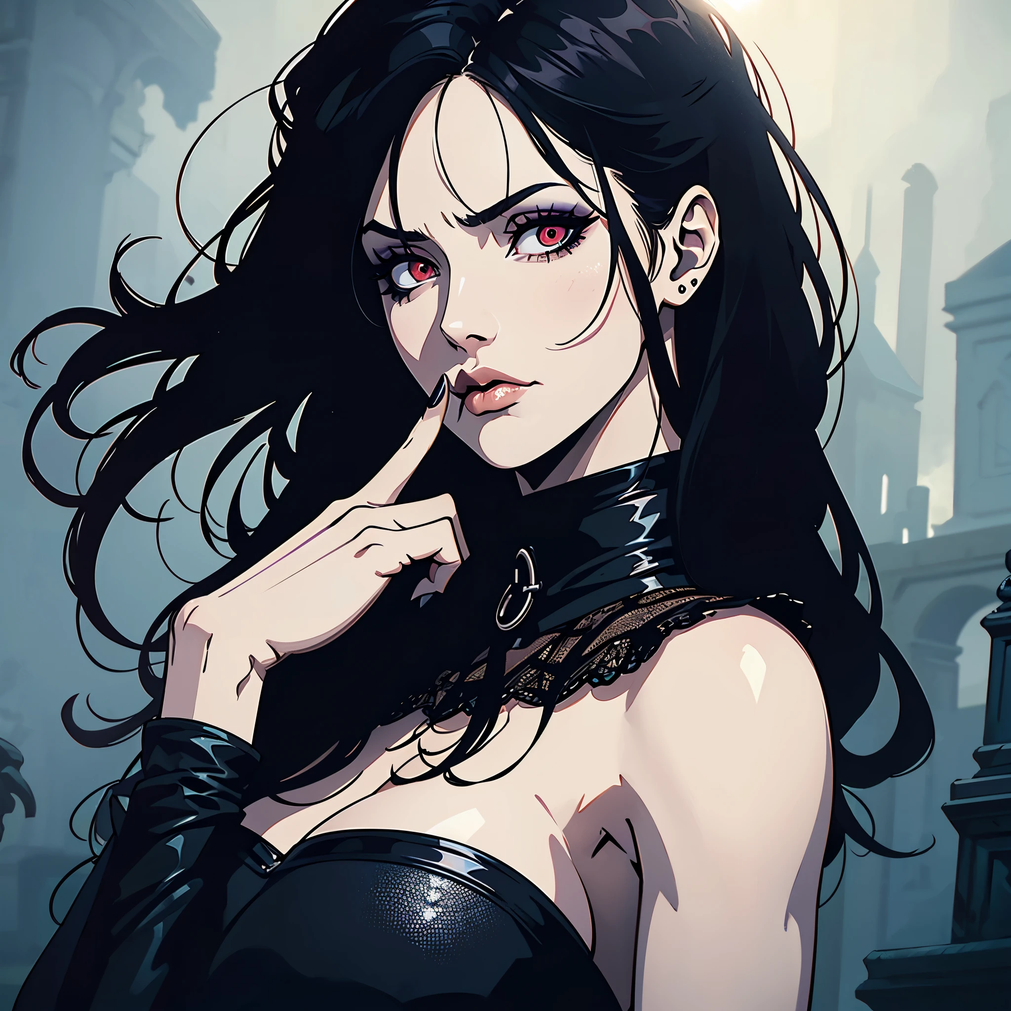 (best quality,4k,8k,highres,masterpiece:1.2),ultra-detailed,(realistic,photorealistic,photo-realistic:1.37),goth anime girl,90s anime,gothic,1woman,dark church,red eyes,dark ambient,low saturation,anime style,pale skin,long flowing hair,gothic clothing,silhouette,surreal background,mysterious atmosphere,intense emotions,melancholic expression,dim candlelight,lens flare,dramatic shadows,symbolic elements,heavy makeup,pale and dark colors,misty fog,ethereal beauty,subtle texture