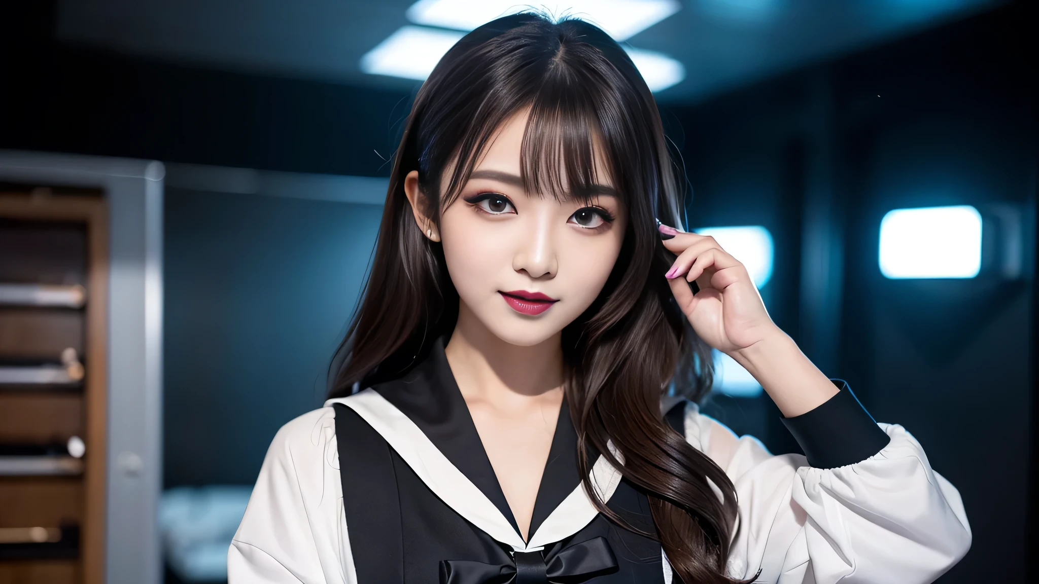 best quality、ultra-detailed、4k、Japanese、Seductive beauty、seductive adult woman、Pretty Woman、cool girl、Villainess、Brainwashed、brainwash、Fallen into evil、smirk、Evil look、Wicked Smile、evil、Brown hair、wavy hair、swept bangs、dark makeup、dark makeup、piercing eyes、hollow eyes,half-closed eyes、Hollow Eyes、purple Eyeshadow、black lipstick、black lipglos、Female student、uniform、Sailor suit、night、inside darkroom、Seduce、Applying lipstick、