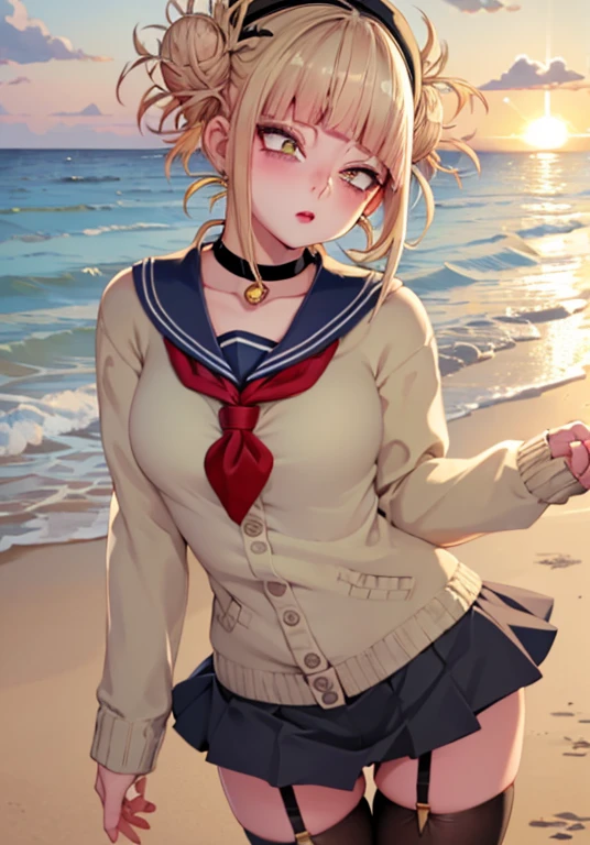 high quality,Accurate, attractive,youthful women, Blue eyes Green eyes Odd eye, rose color cheek, thin lips, black curly hair Beret, face forward, cute Mini dress that shows cleavage, beautiful, Thigh-high Socks loafers, Dangling earrings,Choker necklace, evening beach, sunlight,Angle of View