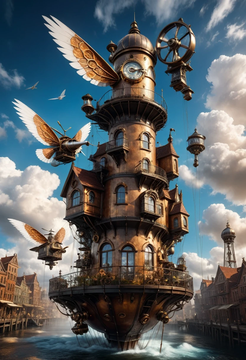 (best quality,4k,8k,highres,masterpiece:1.2),ultra-detailed,(realistic,photorealistic,photo-realistic:1.37),floating, Intricate Steampunk city floating on a cloud,abundant steampunk windmills and propellers,da vinci style wings, dramatic sky and dramatic lighting,artistic view