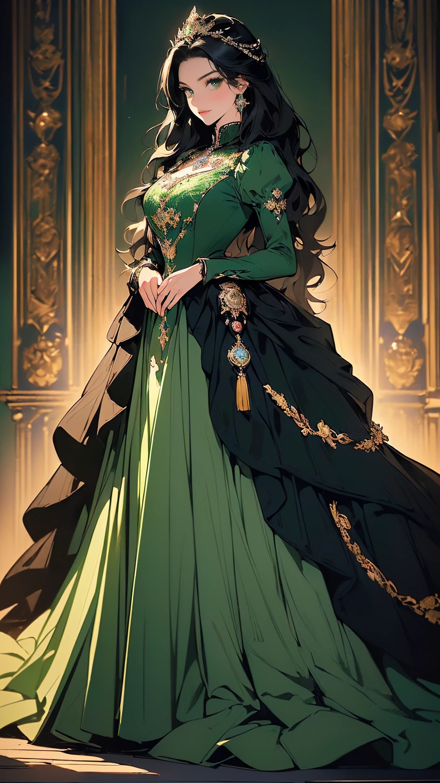(masterpiece, Best quality, a high resolution, ultra detailed), (beautiful and aesthetically pleasing: 1.2), ((1 woman)), adult, ((black hair)), ((long wavy ponytail hair)), ((Green eyes)), female focus, perfect body, (slight smile: 0.8), detailed eyes and face , Full length figure, full body, very big men's long shirt unbuttoned, lace thong panties, large luxury bed, morning, bare feet,