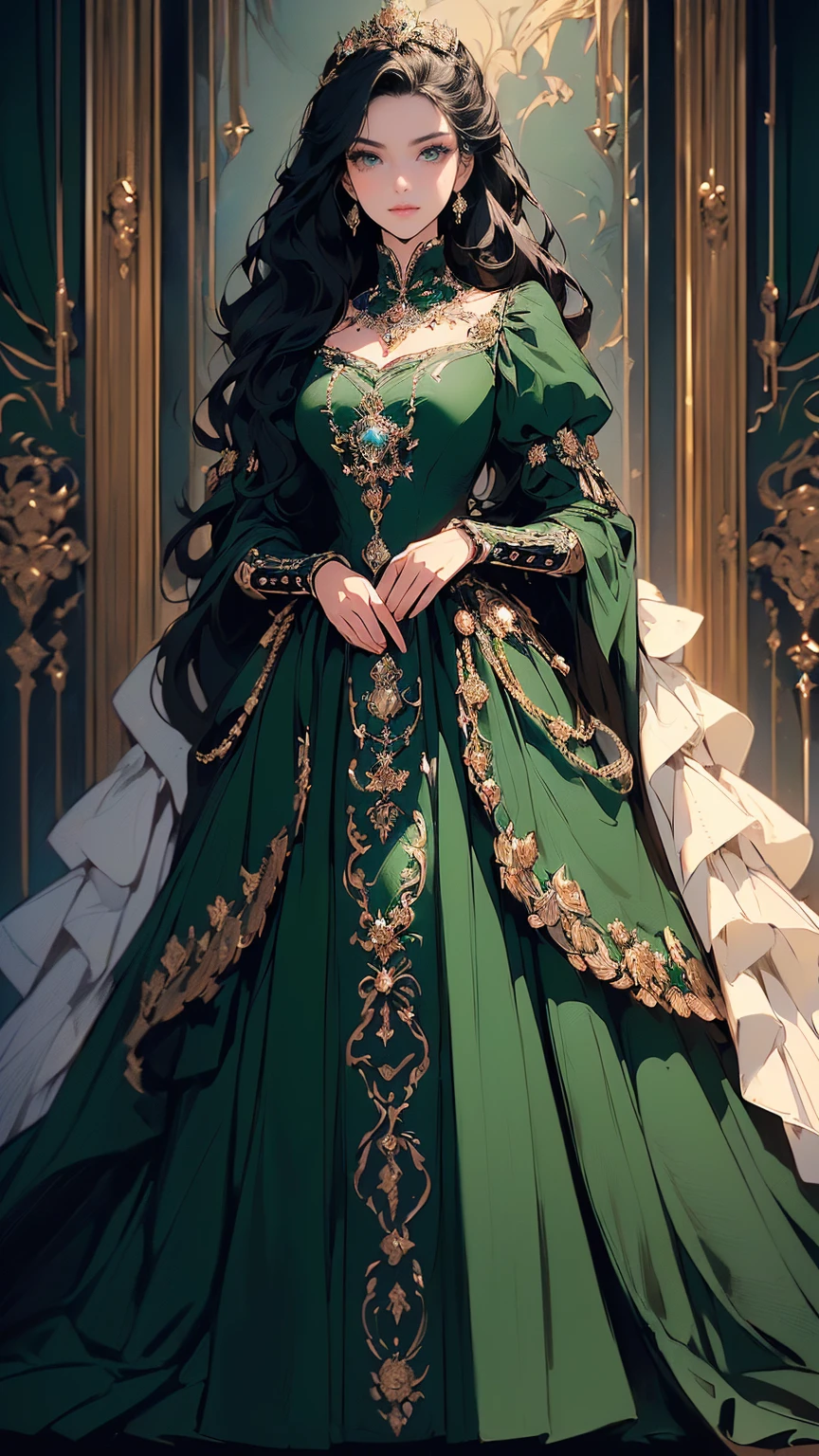  ( ((masterpiece, Best quality, a high resolution, ultra detailed),(beautiful and aesthetically pleasing:1.2), 1 woman, (wavy black hair), (green eyes), Beautiful face, (slight smile:0.8), detailed eyes and face, perfect body, full body, commanding royal blue empire gown with buttoned military cuff accents and a medals-inspired brooch adorning the gathered bodice