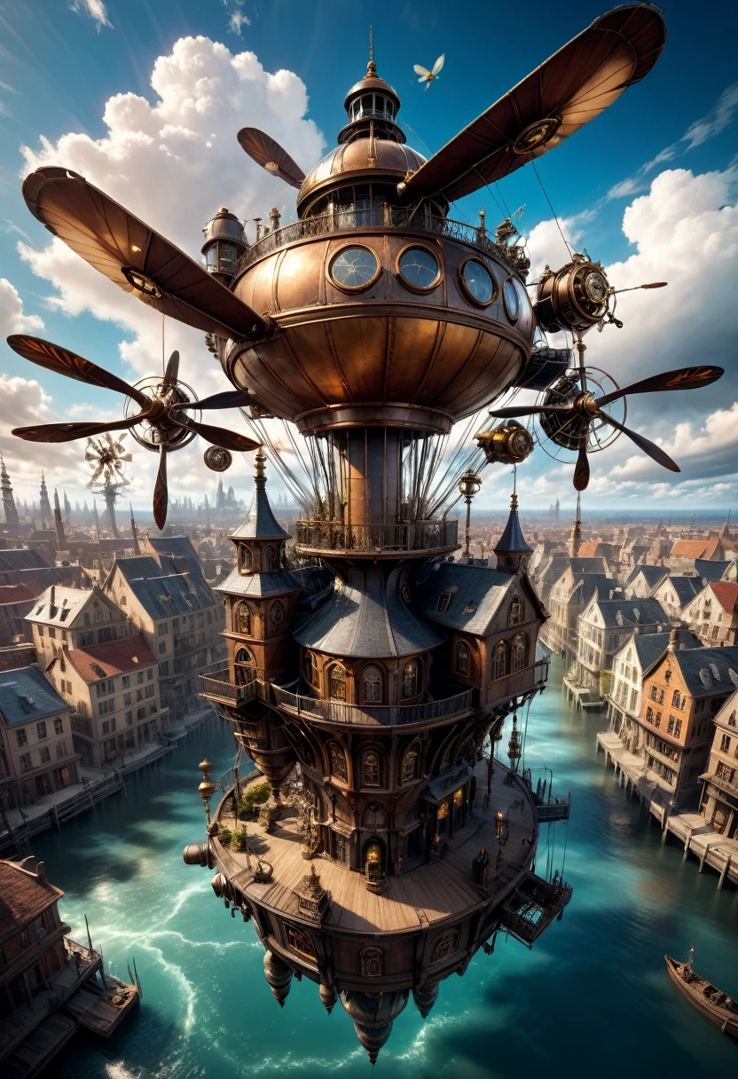 (best quality,4k,8k,highres,masterpiece:1.2),ultra-detailed,(realistic,photorealistic,photo-realistic:1.37),floating, Intricate Steampunk city floating on a cloud,abundant steampunk windmills and propellers,da vinci style wings, dramatic sky and dramatic lighting,artistic view