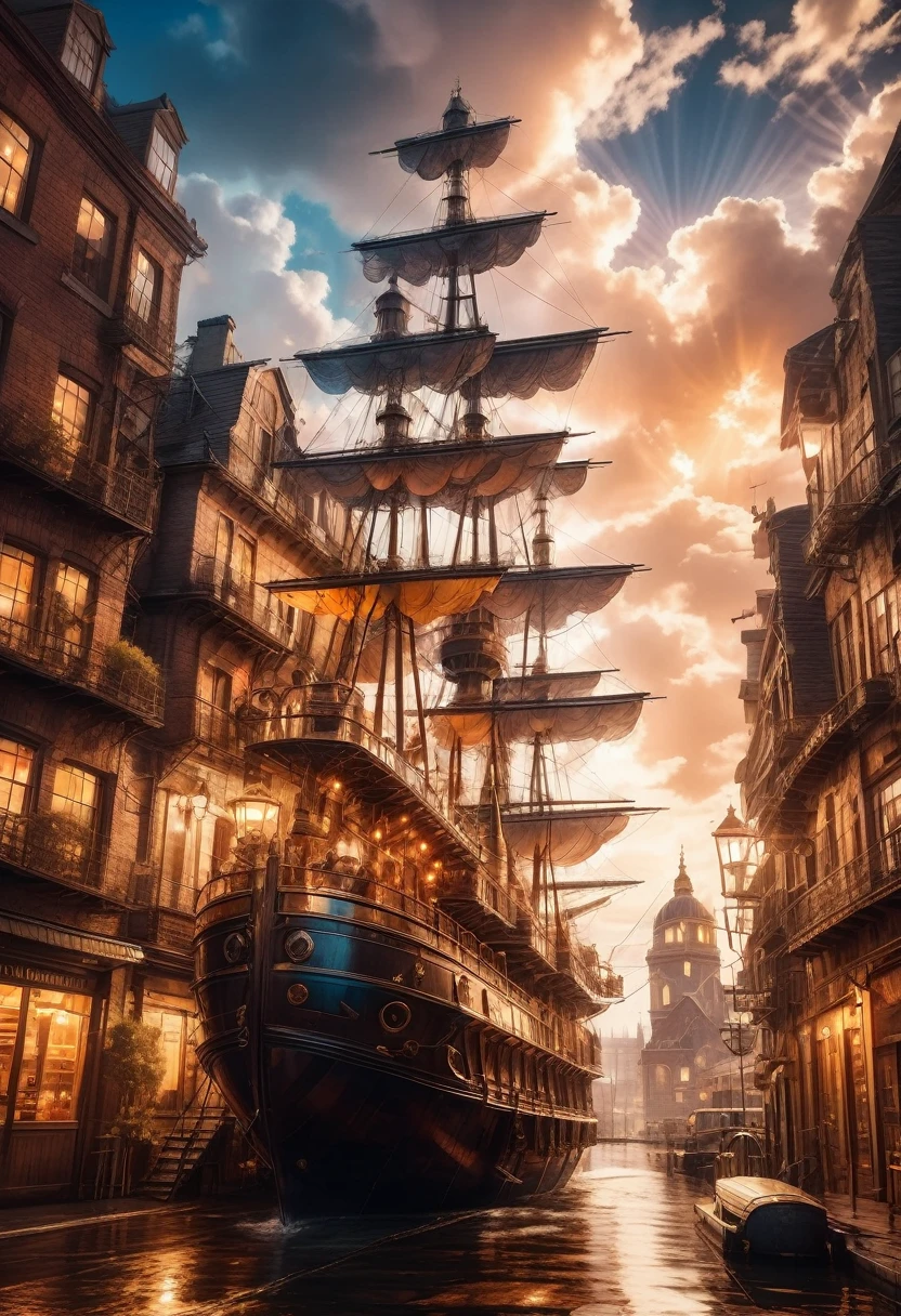 (best quality,4k,8k,highres,masterpiece:1.2),ultra-detailed,(realistic,photorealistic,photo-realistic:1.37),floating, Intricate Steampunk city floating on a cloud,abundant steampunk windmills and propellers,da vinci style wings, dramatic sky and dramatic lighting,artistic view