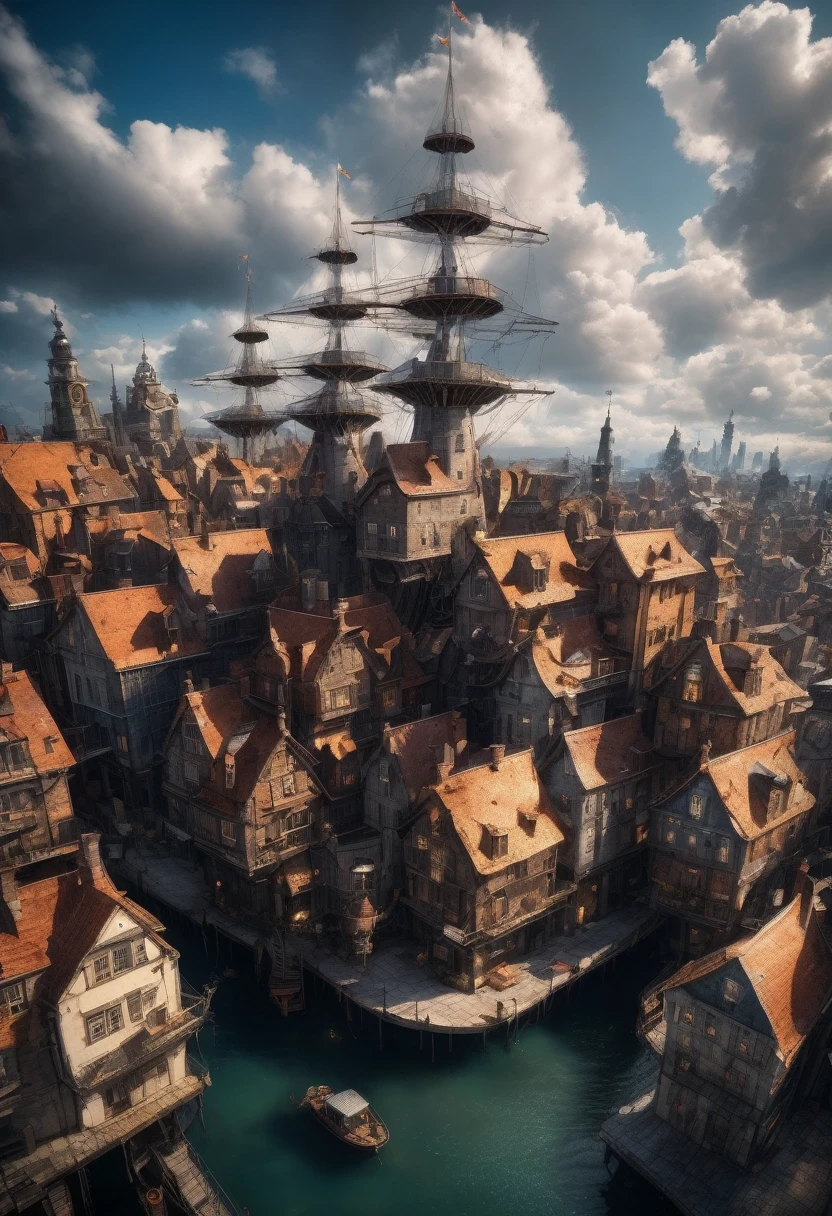 (best quality,4k,8k,highres,masterpiece:1.2),ultra-detailed,(realistic,photorealistic,photo-realistic:1.37),floating, Intricate Steampunk city floating on a cloud,abundant steampunk windmills and propellers,da vinci style wings, dramatic sky and dramatic lighting,artistic view