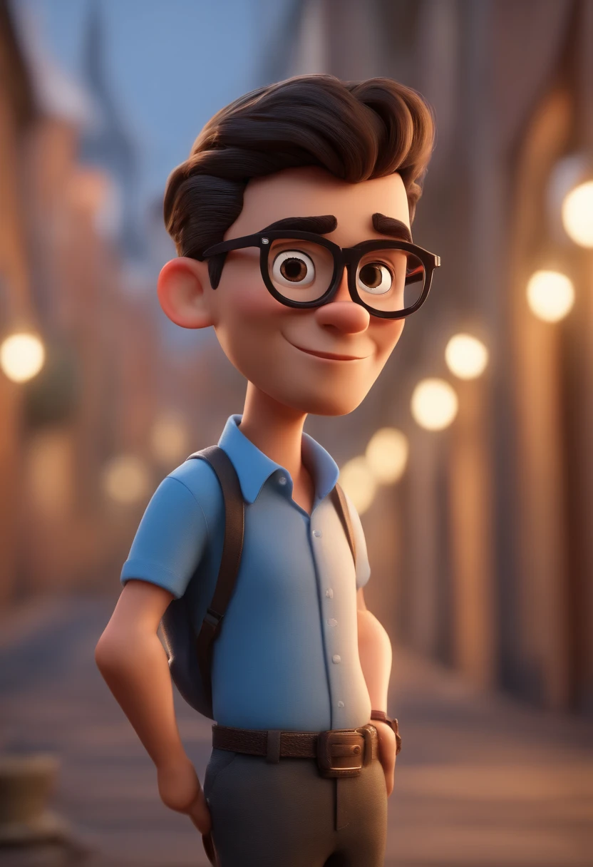Cartoon character of a man in black glasses and blue shirt, um personagem animado, Caractere estilizado, animation style rendering, 3D estilizado, Arnold Maya rendering, Stylized 3D rendering, toon render screenshot, Personagem 3D, Personagem 3D, Stylized 3D rendering, 3D character rendering, personagem de desenho animado, Personagem de close up, Pose de personagem, (Estilo Pixar) (parte mestre:1.2) (Bokeh) (melhor qualidade) (pele detalhada) (textura detalhada) (8k) (argila) (cinematic lighting) (sharp focus