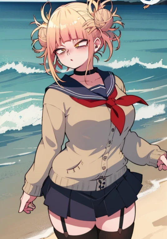 high quality,Accurate, attractive,youthful women, Blue eyes Green eyes Odd eye, rose color cheek, thin lips, black curly hair Beret, face forward, cute Mini dress that shows cleavage, beautiful, Thigh-high Socks loafers, Dangling earrings,Choker necklace, evening beach, sunlight,Angle of View