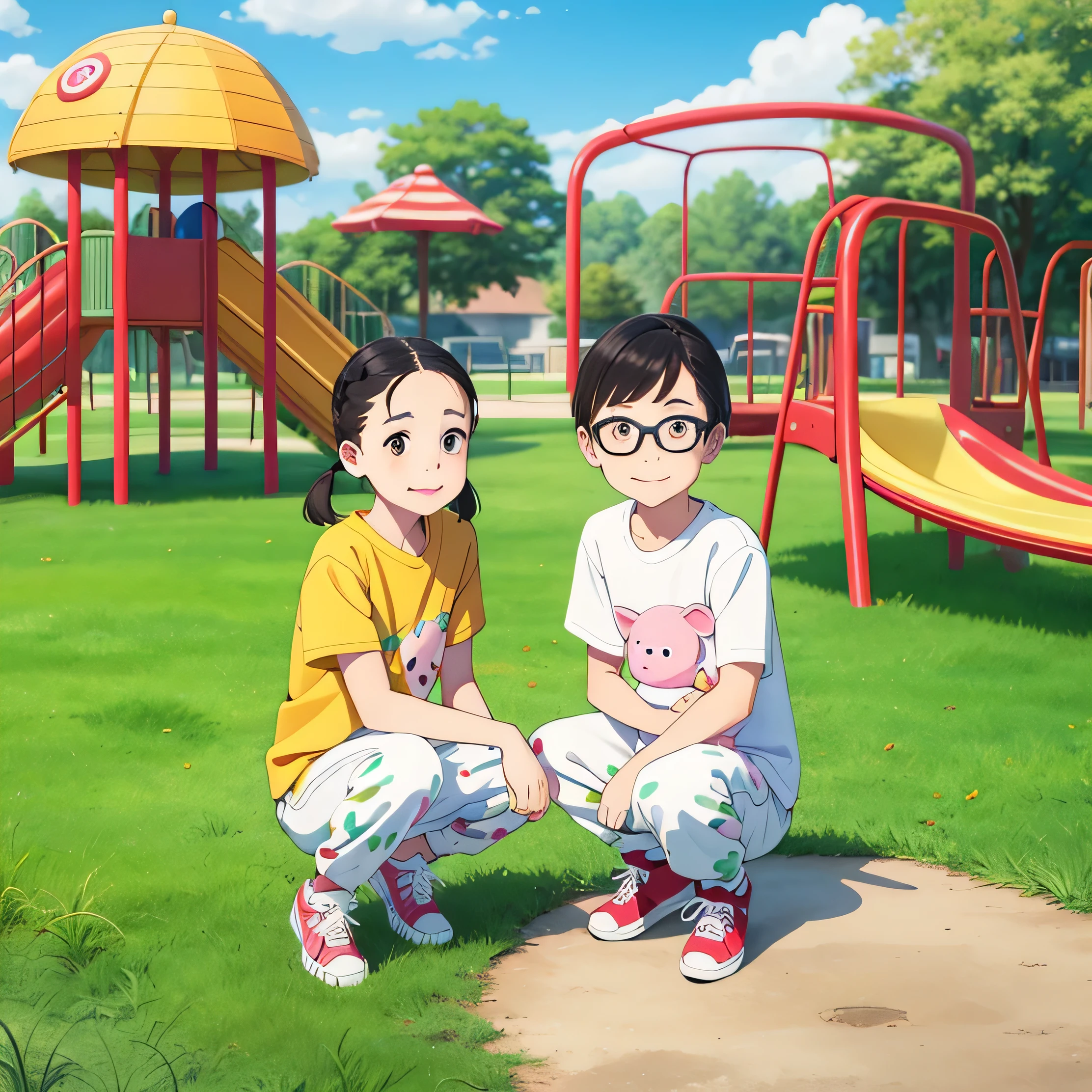 (masterpiece, highest quality), 7 girls,(white printed panties for kids), 10-year-old female,thick eyebrows,baby face,round face,big round eyes,Braid, short twin tails, Dull bangs,black hair,Glasses,brown eyes,very short stature,flat chest,very thin limbs,red ribbon,straight hair, bangs,squat, spread your legs,Pee stains,sneakers, park playground equipment background, smile, fun, bright colors, watercolor,