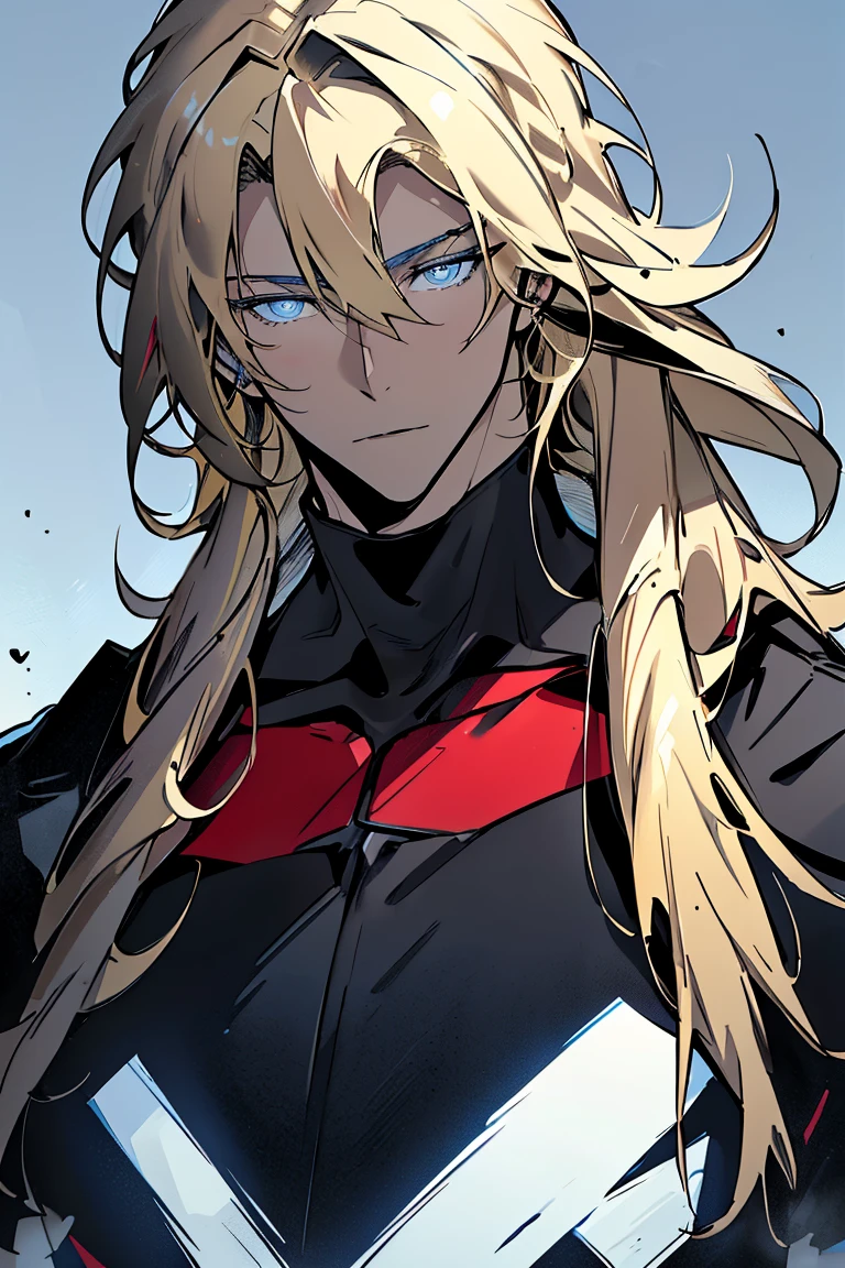 (Masterpiece, hiquality, Best Quality), (((solo))), Mature man,  (((blond length hair))), blue eyes, short blonde hair, ((pale skin)), blue eyes, color background, , black hat, black cape, (((red shirt))), Detailed outfit, Detailed