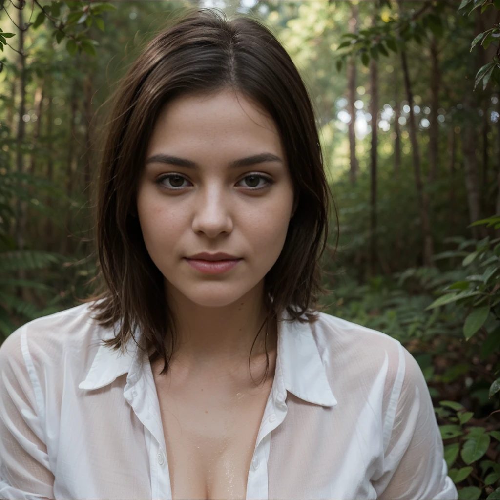 jeune femme de 25 ans, brune, professional lighting, flash lighting, dans une foret, pluie, Wet white shirt, peau moite et humide, brume, American plan