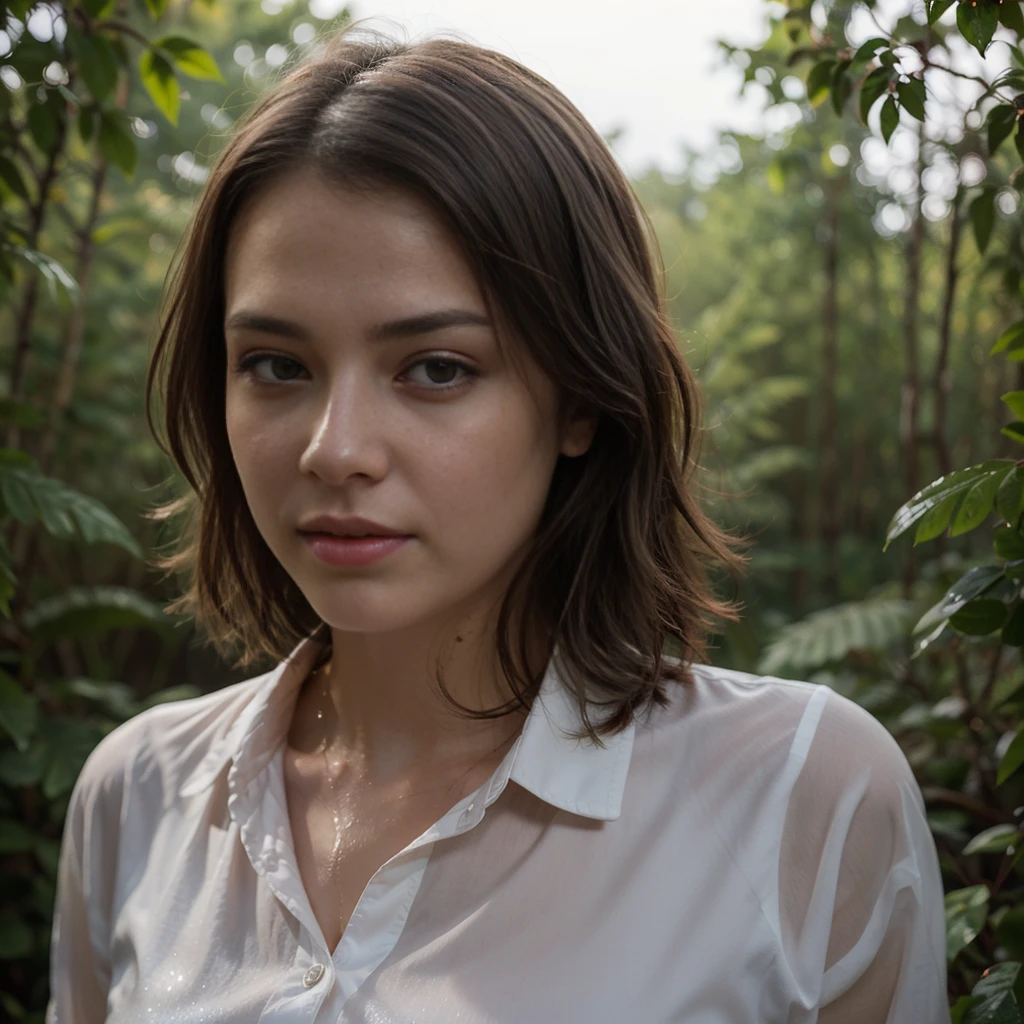 jeune femme de 25 ans, brune, professional lighting, flash lighting, dans une foret, pluie, Wet white shirt, peau moite et humide, brume, American plan