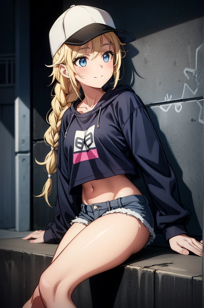 a hot girl with a baseball cap is posing next to a wall, 1girl, solo, blue eyes, hat, twin braids, blonde hair, jacket, braid, navel, long hair, smile, shorts, crop top, open mouth, looking at viewer, baseball cap, sitting, bare shoulders, pantyhose, midriff, off shoulder, black footwear, blue jacket, breasts, collarbone, shirt, short shorts, open jacket, black shorts, :d