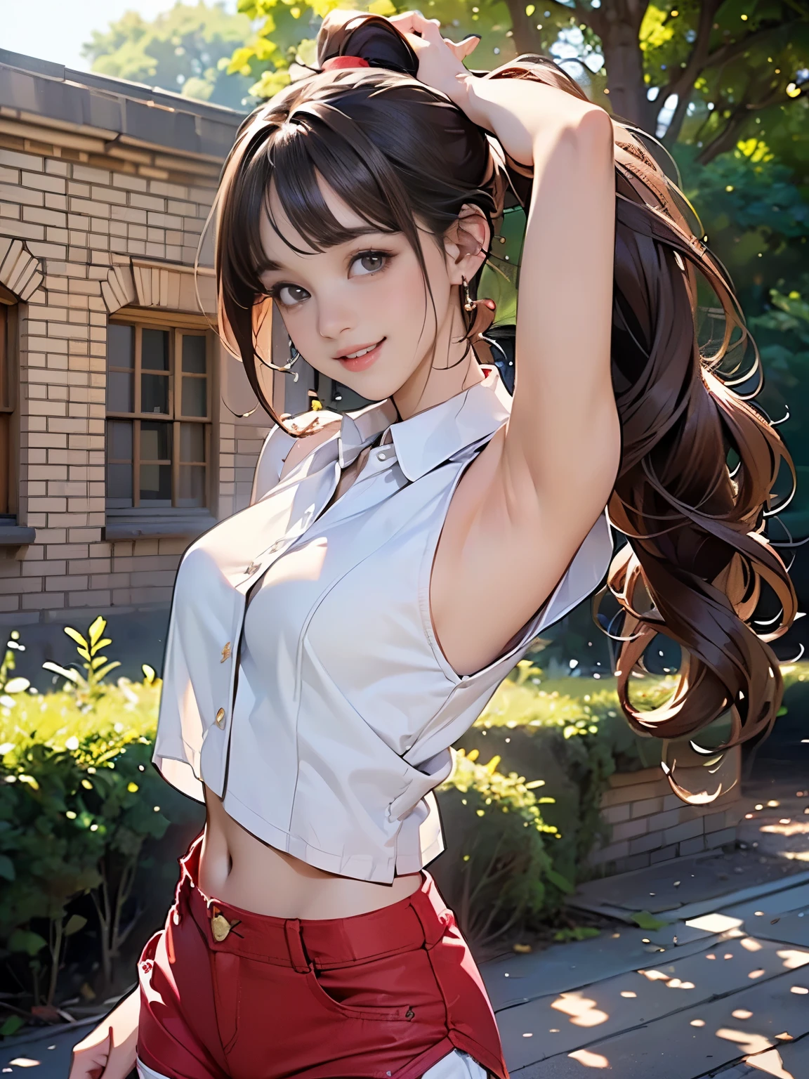 ((((highest quality))))、(((Ultra-precision CG16K wallpaper)))、(((masterpiece)))、(((Super detailed)))、(((Extreme detail)))、((１Mature 32 year old woman:1.5))、((Very beautiful Japanese faces))、((Shiraishi Mai:1.5))、((Soft Wave Ponytail Long Hair、blunt bangs:1.5))、(Shiny brown hair)、Beautiful delicate eyes、eyeliner、eye shadow、Brown eyes、High nose、Small nostrils、Small Mouth、Seductive lips、Beautiful breasts、((C cup size breasts))、Cleavage、Voluptuous body、Perfect proportions、Perfect Anatomy、Perfect composition、Beautiful detailed shading、Beautiful, natural lighting、Beautiful detail glow、Depth of written boundary、(((High chroma)))、(((Real:1.9)))、((vivid:1.5))、((Beautiful Skin))、((Skin Texture))、((Realな皮膚感))、(((Full Shot:1.6)))、((Front view、Front low angle:1.6))、((Shy laugh:1.3))、(Woman is facing the front:1.5)、Bright daylight、Natural light、(((background_Brick Building、Trees:1.6)))、(Standing pose:1.5)、(((White sleeveless collared cropped shirt、Red hot pants:1.6)))、((Earrings、Wearing a necklace:1.3))、((Hair blowing in the wind:1.5))、