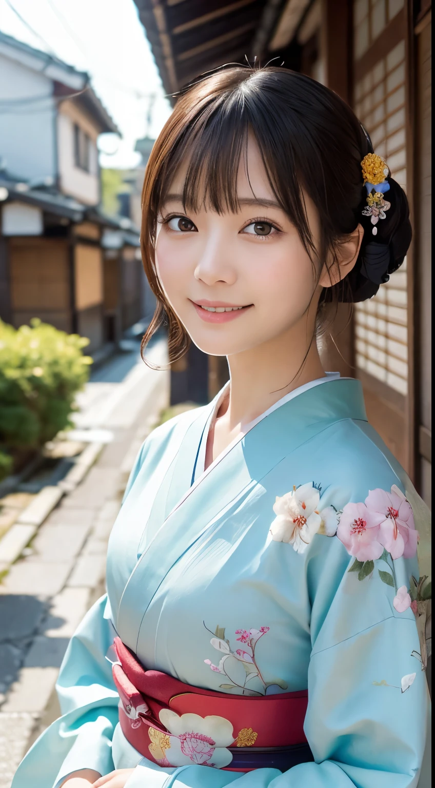Professional Lighting,(Photorealistic:1.4), (Top image quality:1.0), (超A high resolution:1.0), 8k, Raw photography, (masterpiece:0.2), (Facing the children_v1:0.5)、(最高quality Detail:1.2)、Realistic、8K Ultra HD、High resolution、(1 girl:1.2)、超detailedな、High quality textures、複雑なdetailed、detailed、Very detailed CG、High quality shadows、detailed 美しく繊細な顔、Beautiful details and a delicate eye、(Symmetrical eyes:1.2),Written boundary depth、Ray Tracing,1 girl, Japanese Girls, (Natural smile:1.4),cute, thin, Portrait of a beautiful Japanese woman wearing a kimono, Standing elegantly on a street corner in Kyoto. Kimono with vibrant traditional patterns, Hair decorated with elegant and delicate hairpins, Gentle expression. (With the old streets of Kyoto in the background:1.4)、The soft light of a spring afternoon、Adding tranquility to the scene. Rendered in a Realistic style with great attention to detail, High resolutionの画像.Sky Porn, Magic Hour, (Realistic:1.3), finely, quality, (Tabletop:1.2), (Realistic:1.2), (最高quality), (複雑なdetailed), dramatic, Ray Tracing, photograph, +roller