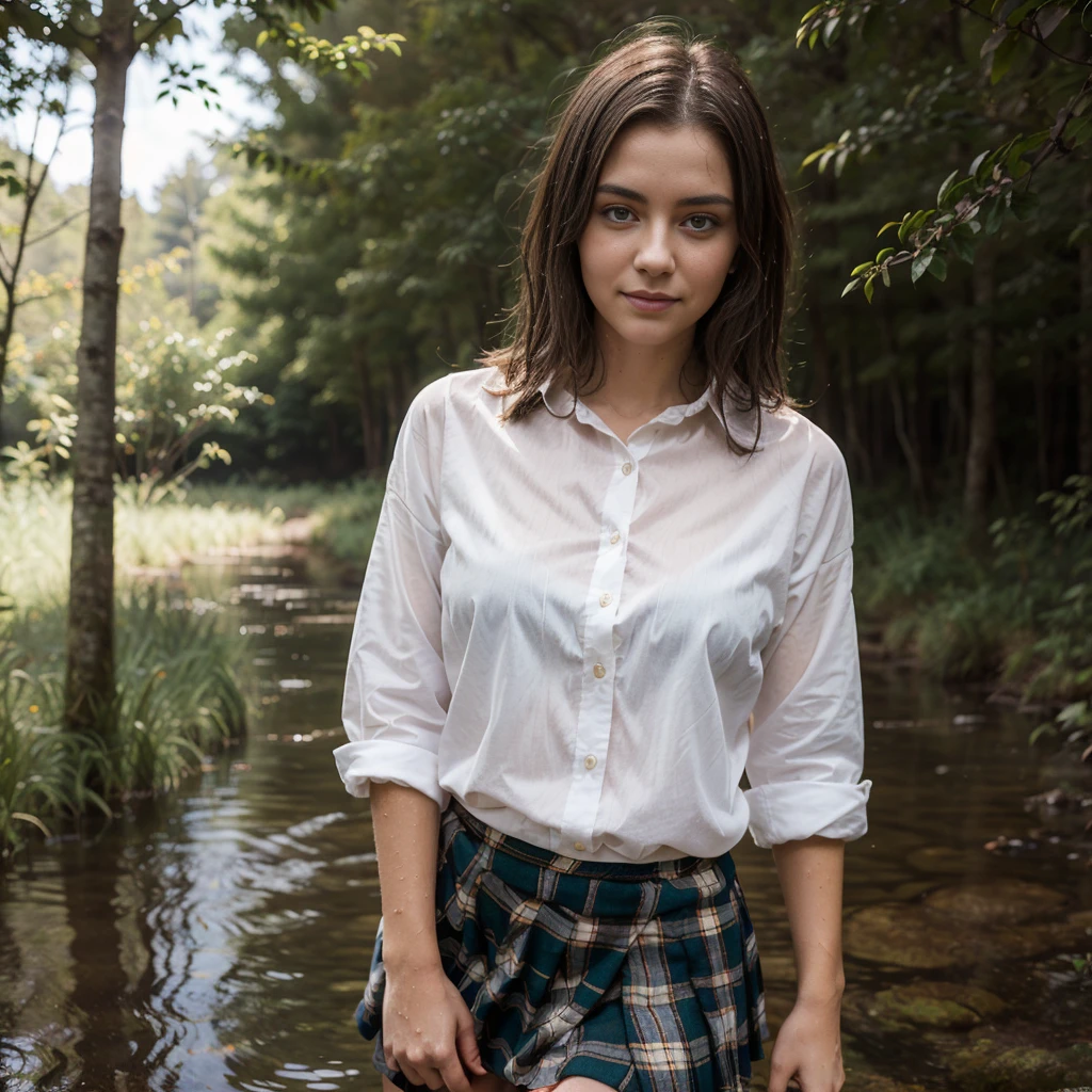 jeune femme de 25 ans, brune, professional lighting, flash lighting, dans une foret,  pluie, Wet white shirt, peau moite et humide, brume, tartan skirt