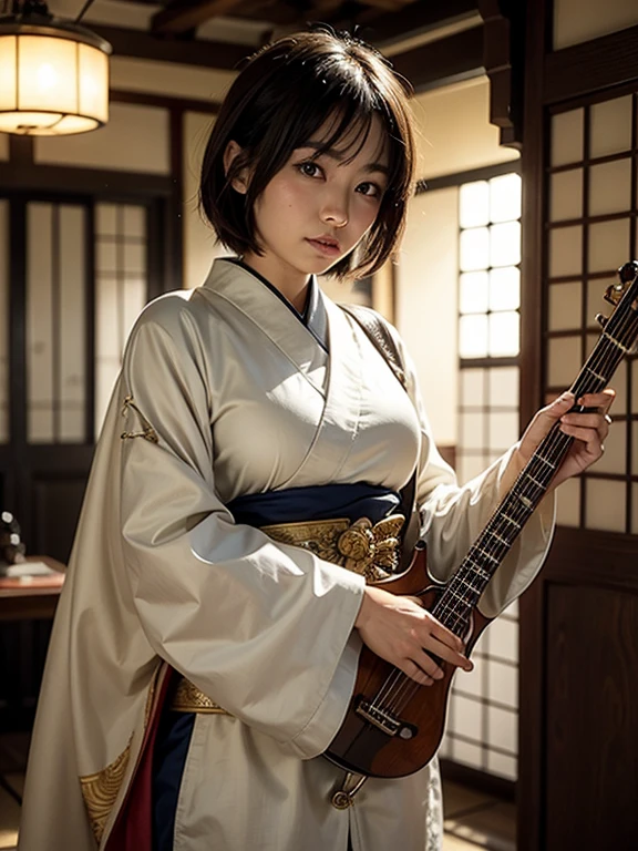 The world of heroic fantasy. A Japanese female bard in her 20s。Camel colored short hair。Because it&#39;s muggy、Wear light clothing。I&#39;m sweating。I&#39;m sitting on a rock near the waterfall, the water is splashing.。A giant grey fox snuggles up。Drinking water from a leather water bottle。(Realistic expression)