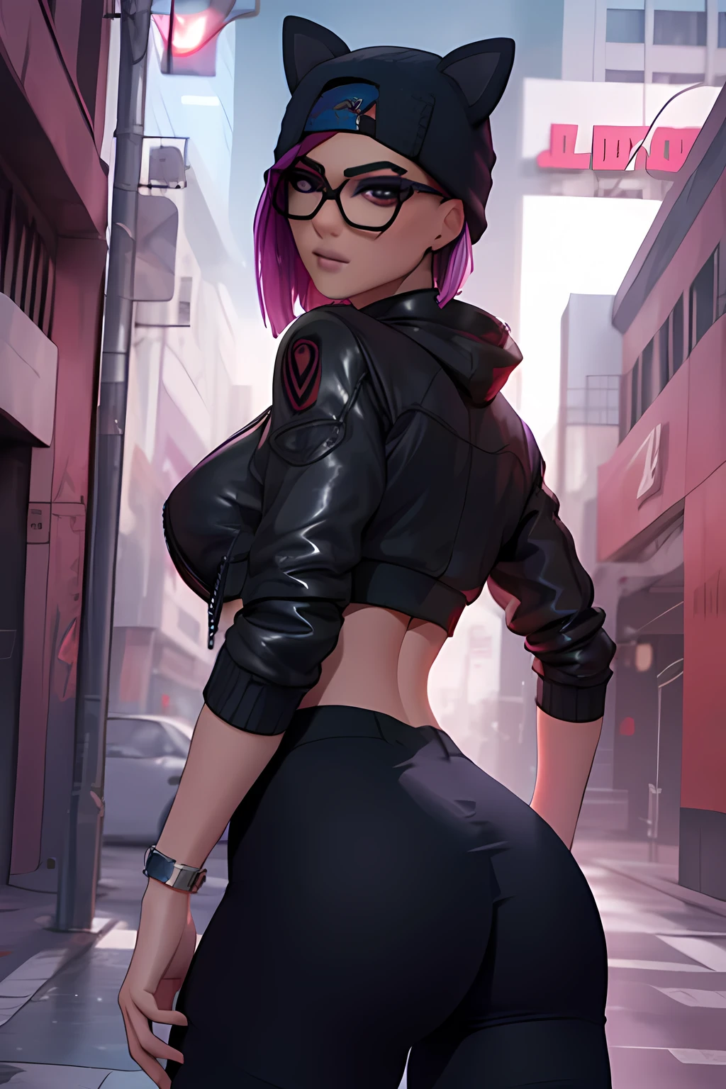 Traje de lino Cyberpunk, Noche, pulsera de picos,gorro de invierno , tanga, chaqueta azul marino ,Extremadamente detallado, rostro detallado, gafas ,hermoso rostro, ojos finos, looking back at the viewer, pose femenino.