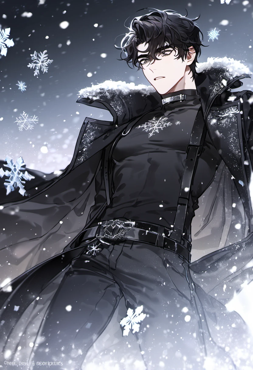 absurdres, highres, ultra detailed, HDR, masterpiece, delicate features, beautiful eyes, detailed eyes, Yoo Joonghyuk, omniscient reader's viewpoint, solo, man, handsome, expressive grey eyes, he has thick eyebrows, his hair is short black and slightly wavy, he usually wears a black coat, under the coat he wears a black tight turtleneck shirt with a silver collar and buckle, a belt across his chest, straps attached to his belt and around his thigh, snowflakes, snowing, ice butterflies, ice crystals