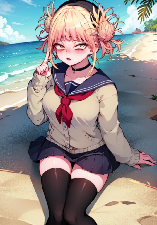 high quality,Accurate, attractive,youthful women, Blue eyes Green eyes Odd eye, rose color cheek, thin lips, black curly hair Beret, face forward, cute Mini dress that shows cleavage, beautiful, Thigh-high Socks loafers, Dangling earrings,Choker necklace, evening beach, sunlight,Angle of View