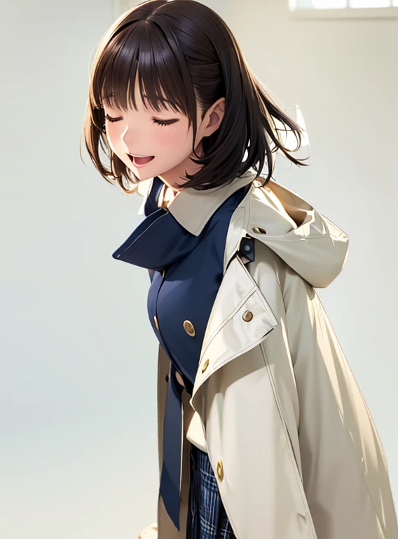 High resolution,In 8K,highest quality,detailed,Semi-realistic anime,Anime 3D Style,Smooth anime CG,One Girl,19-year-old woman in Japan,slim,Modeled,Shiny brown hair,Medium Hair,detailedな顔,Beautiful and detailed,Black shirt,Black tie,(Wear a trench coat),straggling hair,Angelic hairstyle,(Small breasts),((close your eyes)),((Mouth open),((Laughter))